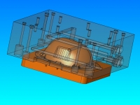 Helmet tooling showing product in transparent die set with water lines